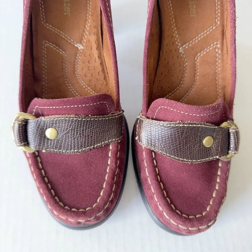 Womens Loafer Shoes Burgundy Suede Pumps Brown Strap Buckle Sz 7 7M - Picture 7 of 13